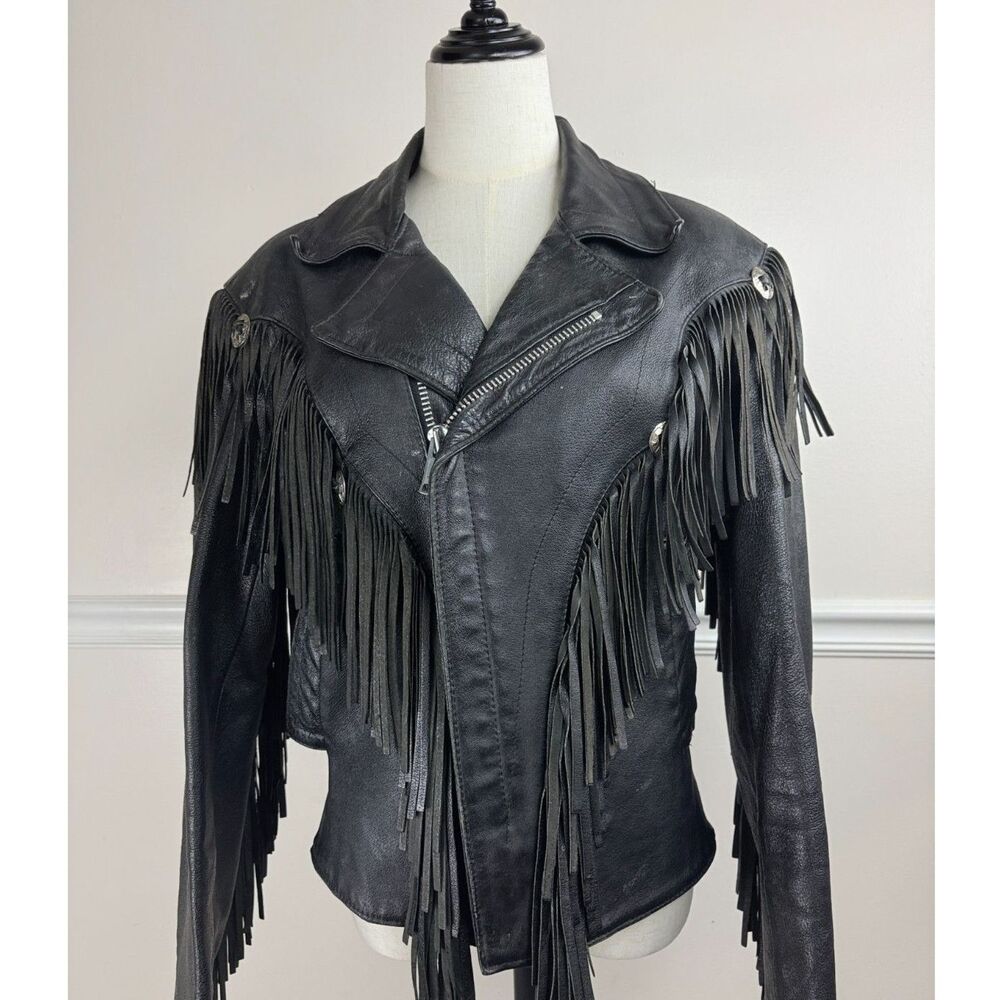 Black Leather Fringe Moto Jacket Women’s 36 Western Boho Biker